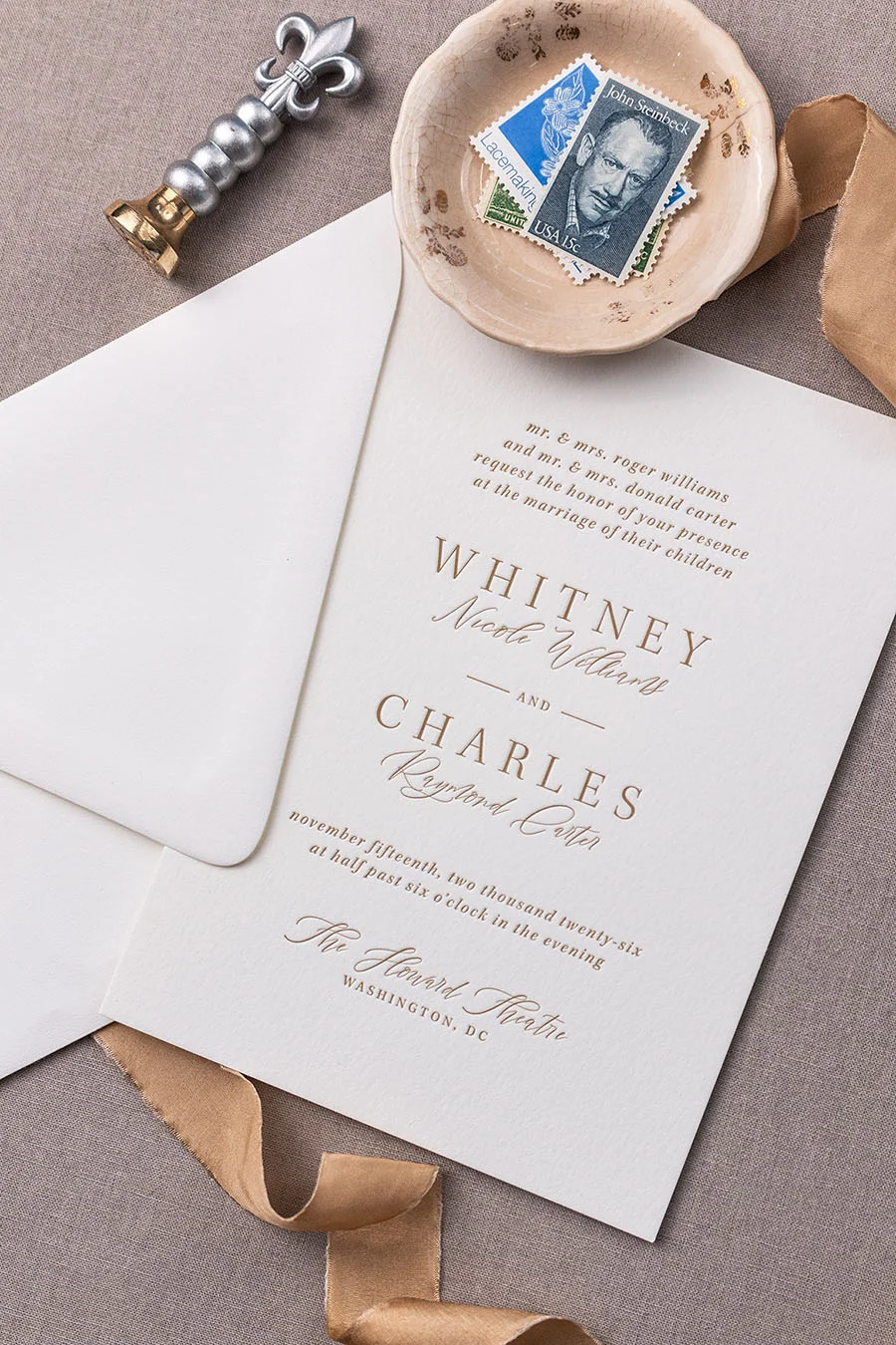Letterpress wedding invitation printed on heavyweight cotton paper with deep impression