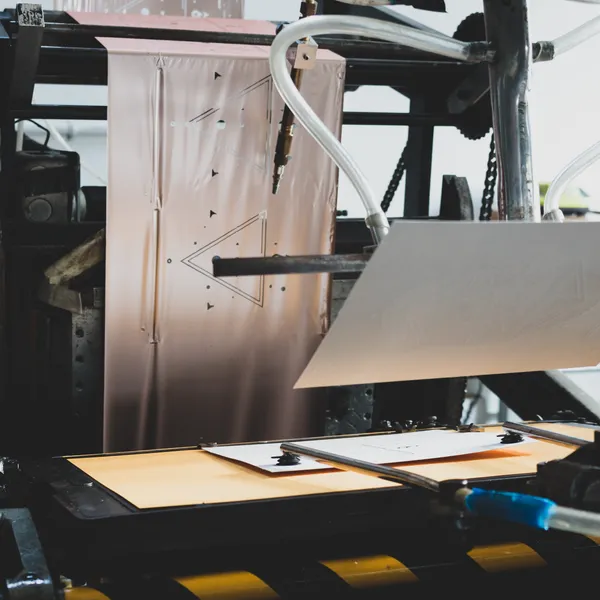 Sheet being foil stamped on the Kluge press in the studio
