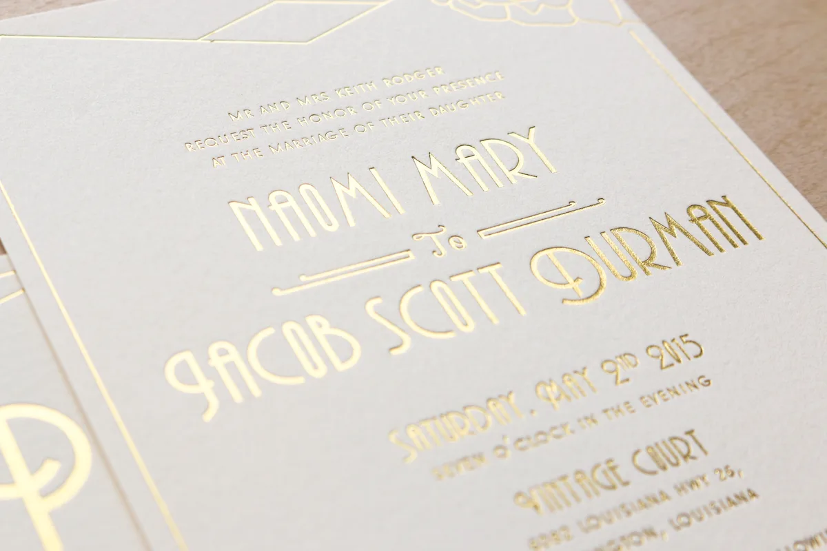 Gold foil stamped art deco wedding invitation with thank you card