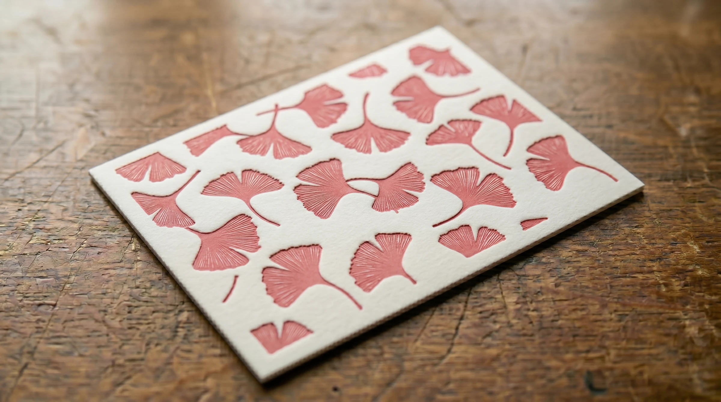 Letterpress ginkgo note card printed in Brick on double-thick cotton paper