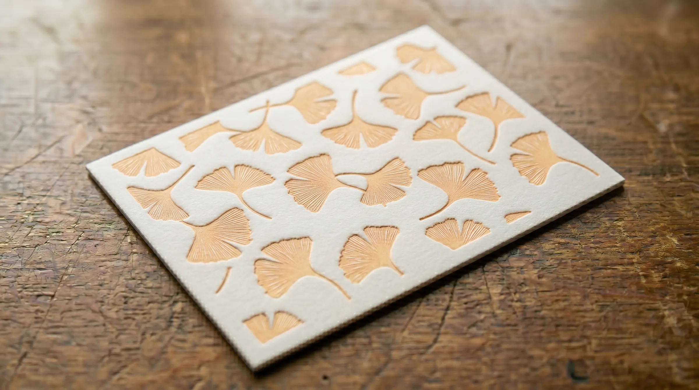 Letterpress ginkgo note card printed in Buttercream on double-thick cotton paper