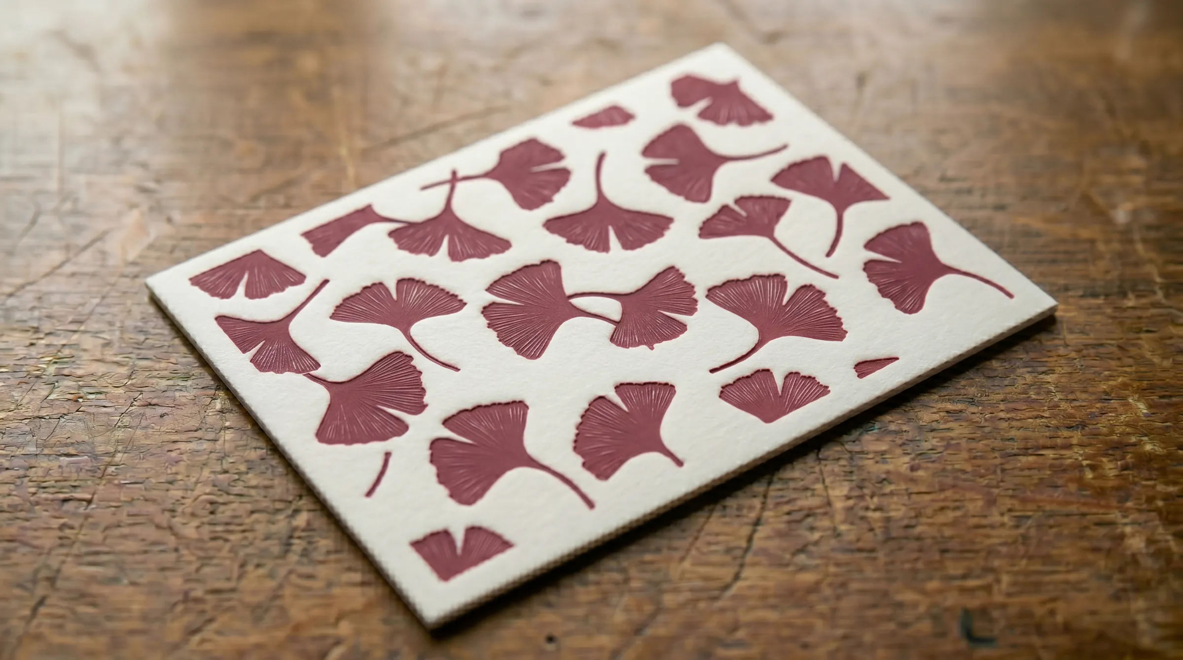 Letterpress ginkgo note card printed in Burgundy on double-thick cotton paper