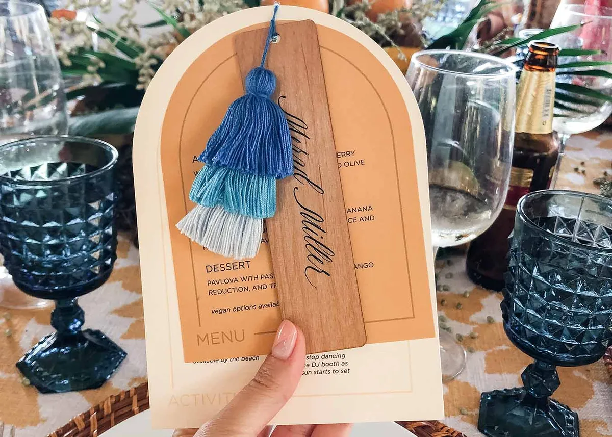 Beach lunch menu with ombre blue tassel