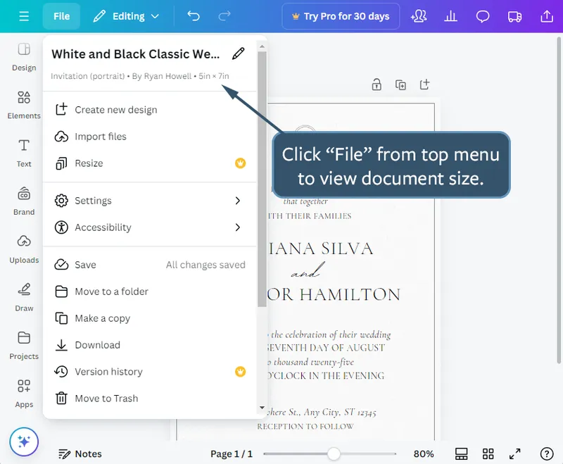 Canva File menu open showing the document size 5 in by 7 in