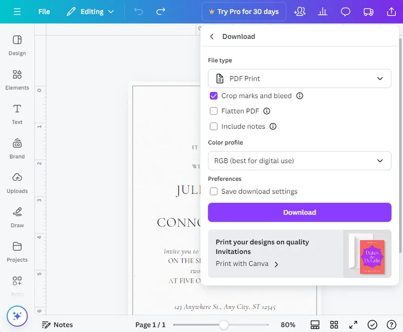 Canva PDF download settings configured for letterpress printing
