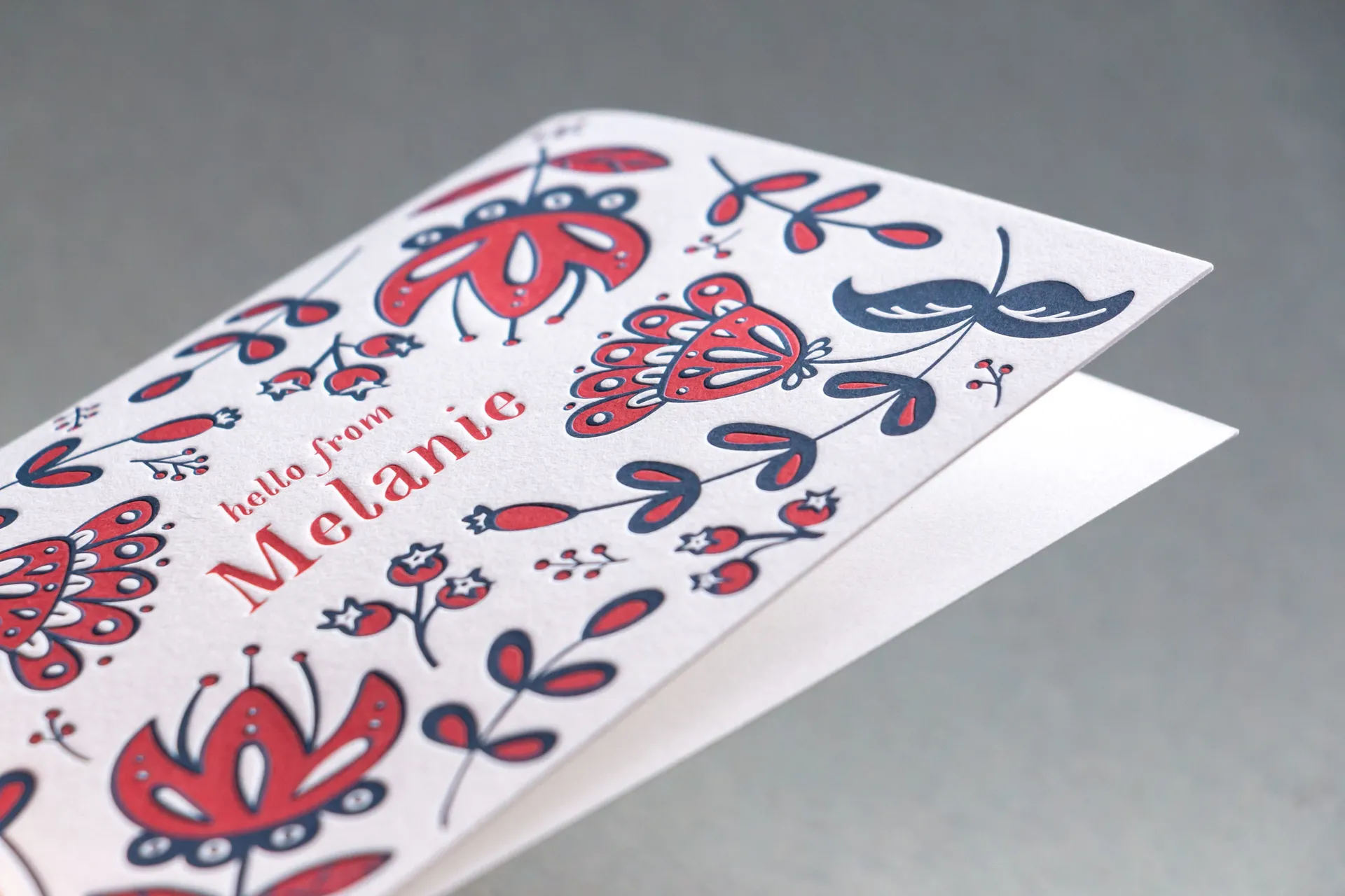 Two-color letterpress folding note card on cream cotton paper