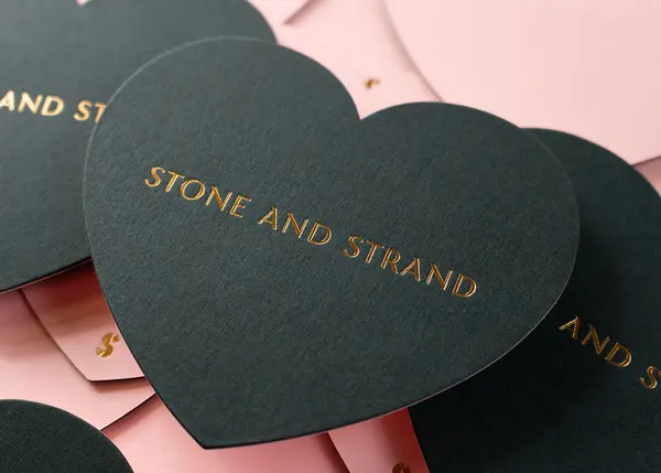 Heart-shaped die-cut note cards with gold foil stamping on duplexed paper