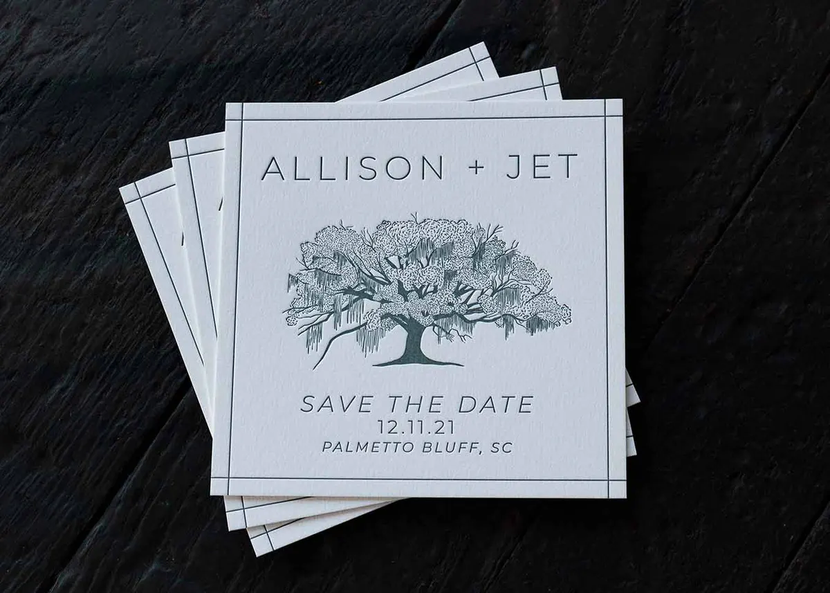 Full view of save the date showing modern typography and decorative border on square format