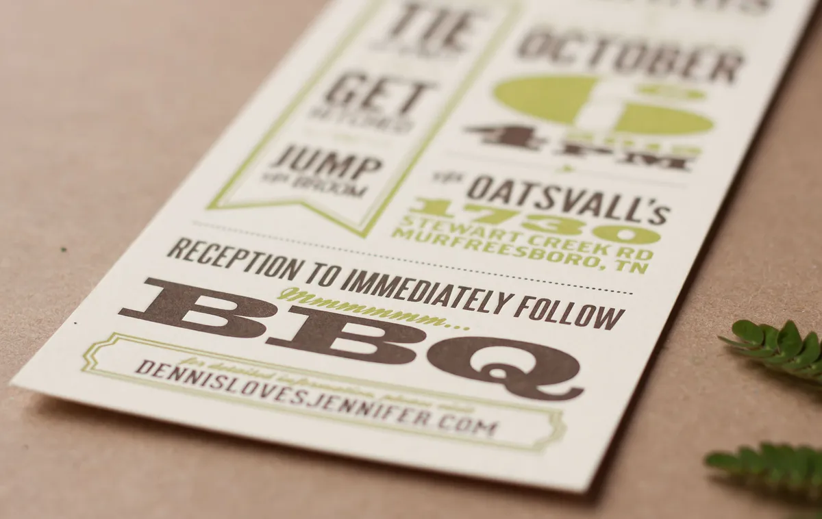 Angled close-up of the lower half of the showprint wedding invitation with the giant BBQ wordmark and dotted dividers
