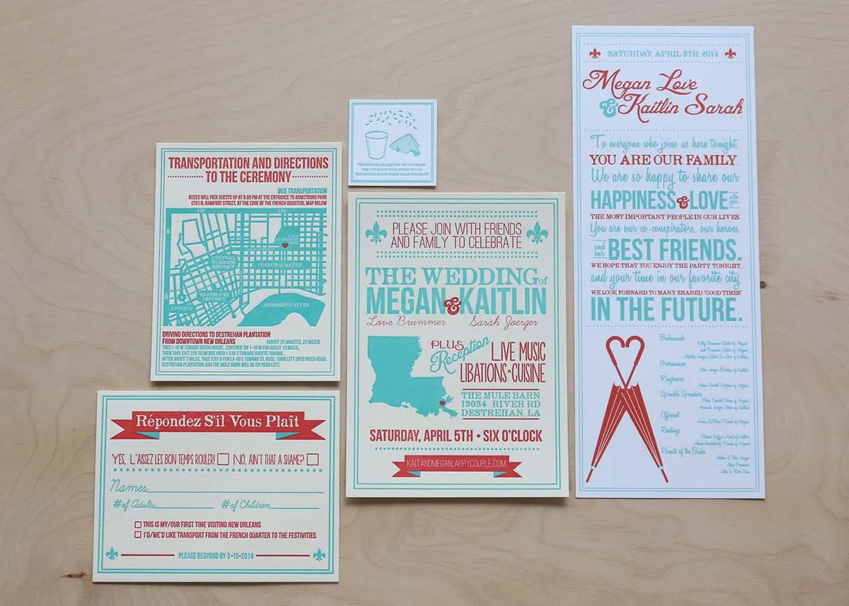 Digitally printed wedding program coordinating with the letterpress suite in blue and red