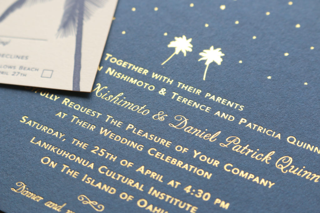 Gold Foil Stamped Wedding Invitation on Navy Paper