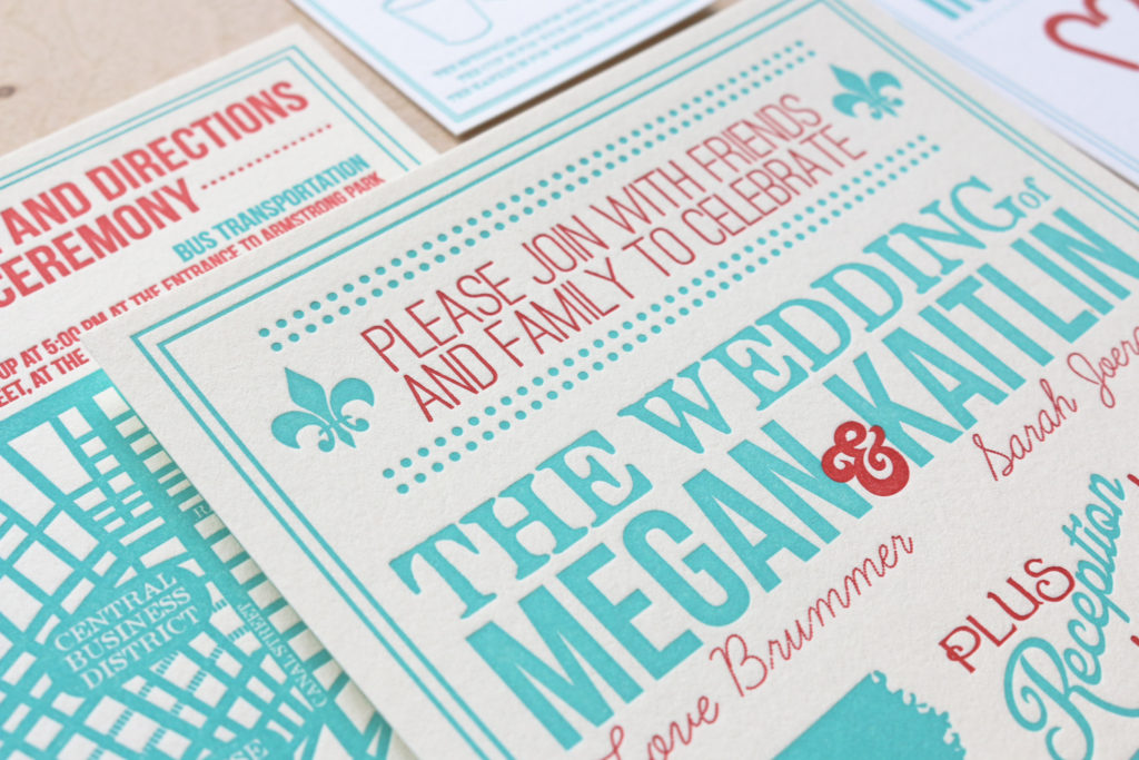 Two color letterpress wedding invitation