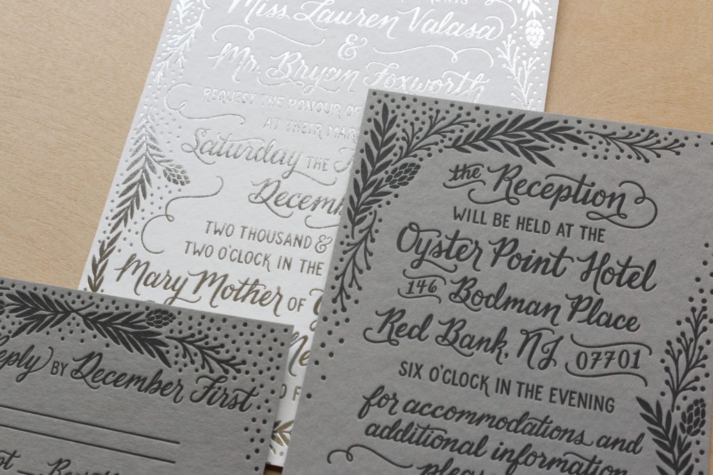 Modern calligraphy style letterpress and foil stamped wedding invitation suite