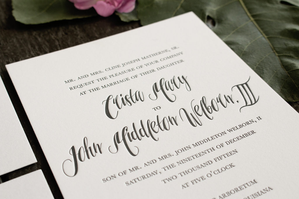 Black ink letterpress on white cotton paper wedding invitation