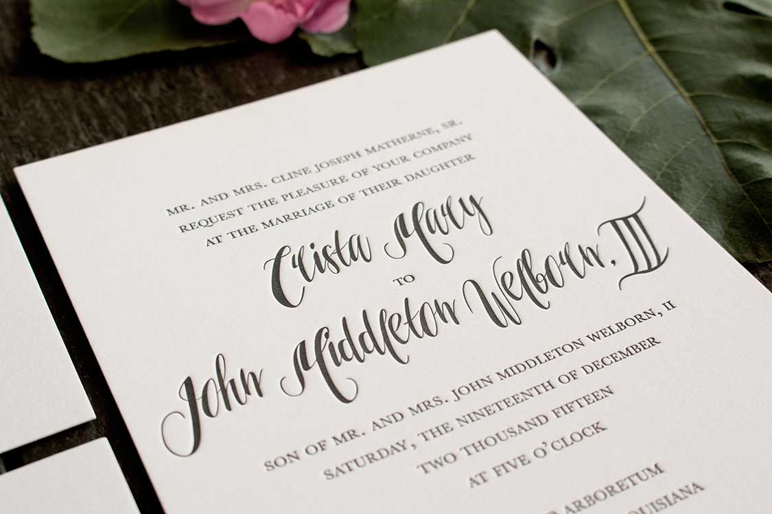 Letterpress wedding invitation with black ink on white cotton paper.